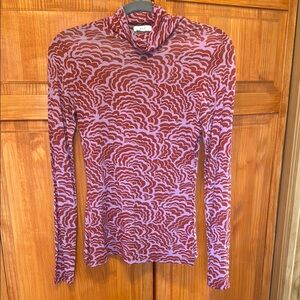 ALC Sheer Women's Red and Pink Patterned Turtleneck Top